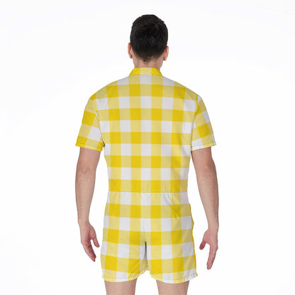 Yellow And White Buffalo Check Print Men's Rompers
