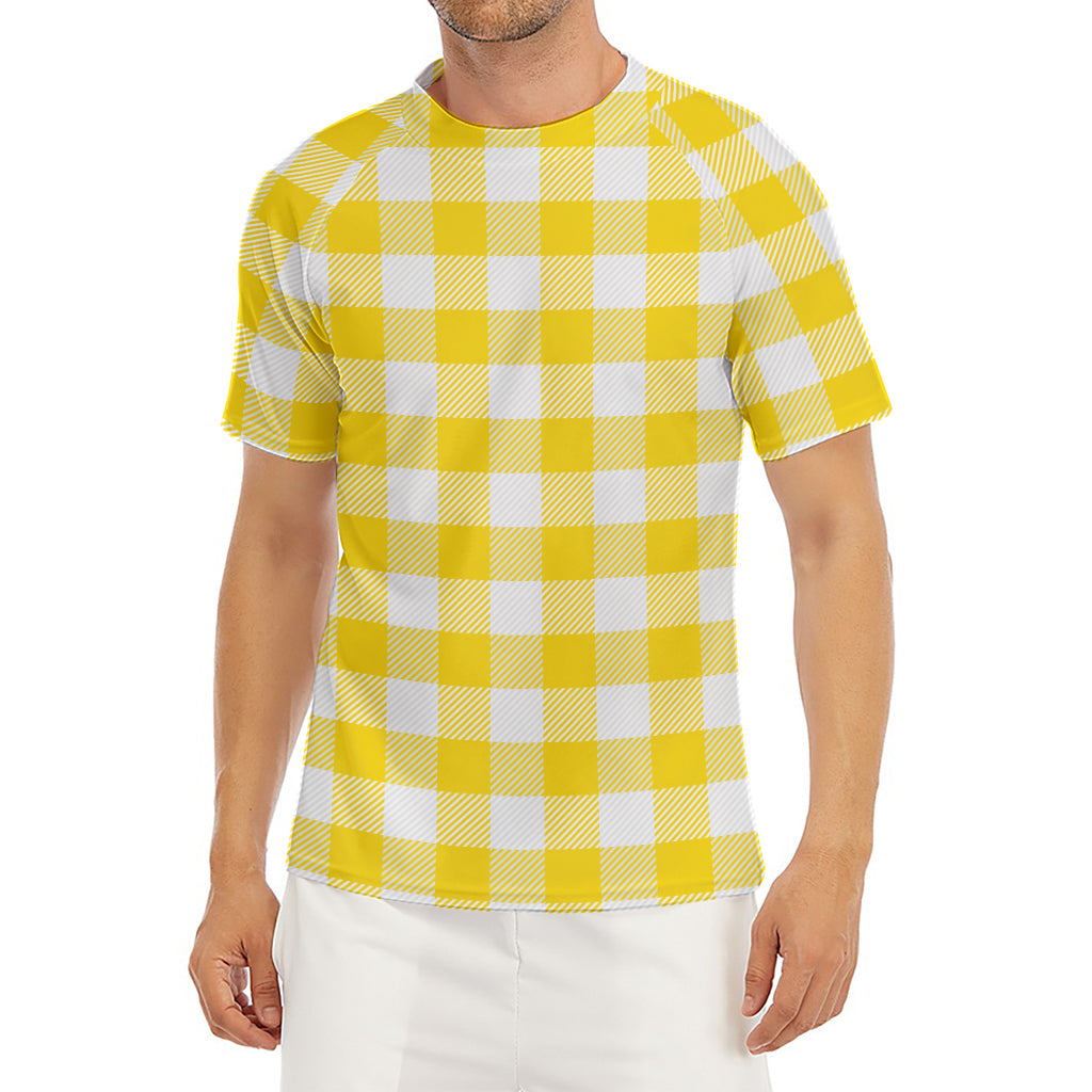 Yellow And White Buffalo Check Print Men's Short Sleeve Rash Guard