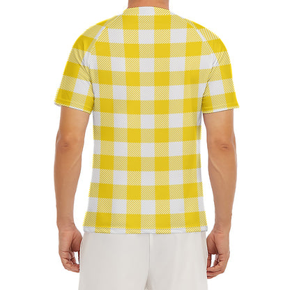 Yellow And White Buffalo Check Print Men's Short Sleeve Rash Guard