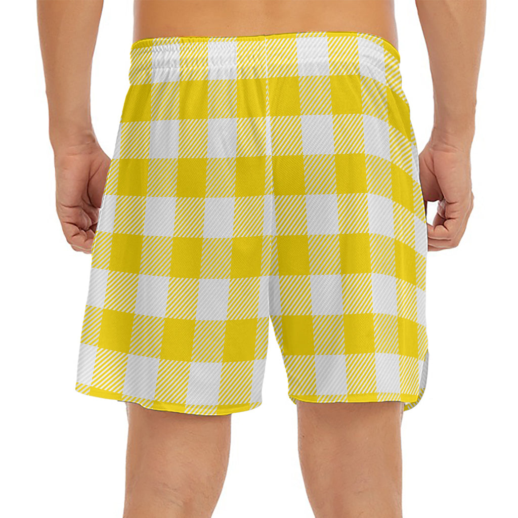 Yellow And White Buffalo Check Print Men's Split Running Shorts