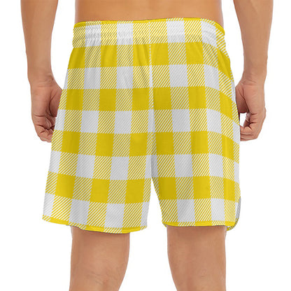 Yellow And White Buffalo Check Print Men's Split Running Shorts
