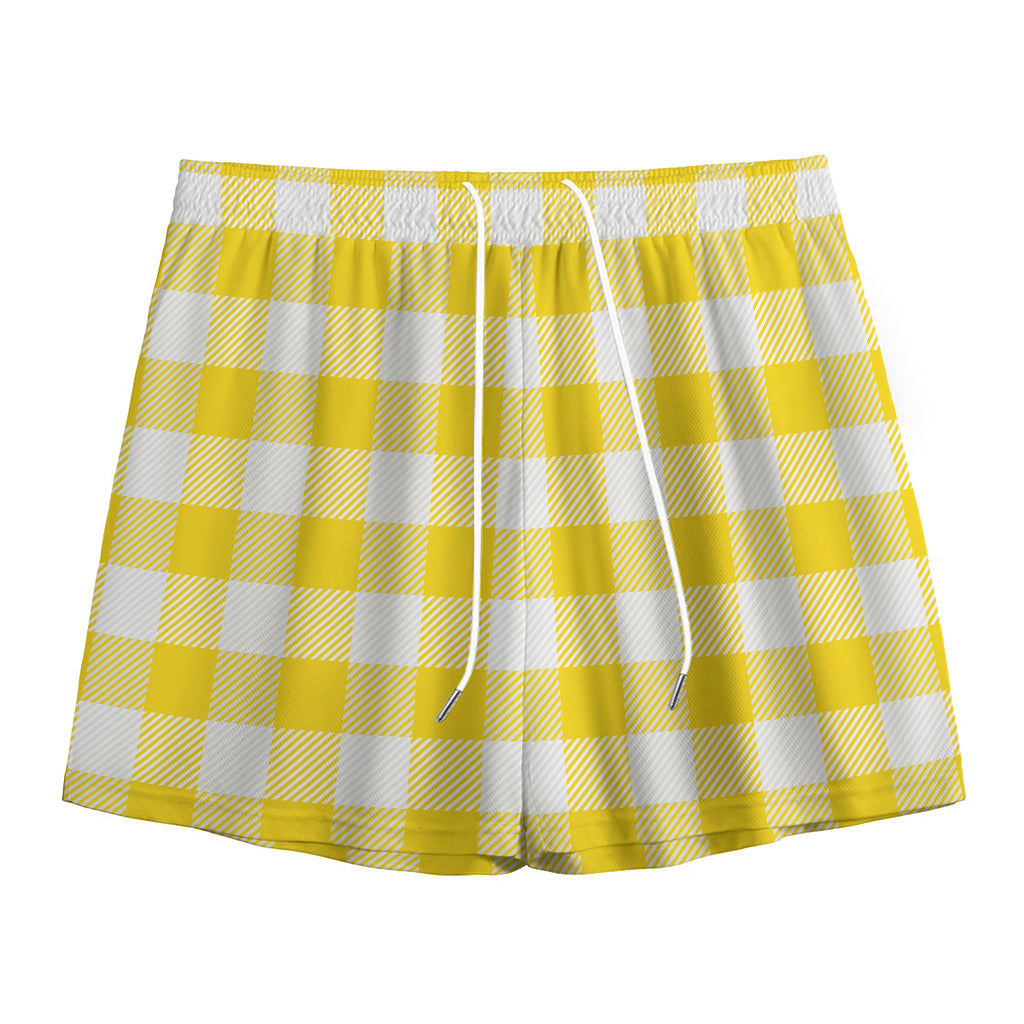 Yellow And White Buffalo Check Print Mesh Shorts