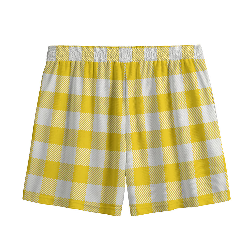 Yellow And White Buffalo Check Print Mesh Shorts