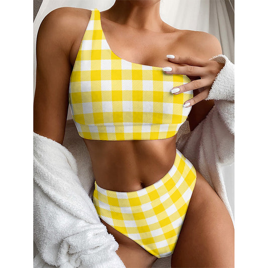 Yellow And White Buffalo Check Print One Shoulder Bikini Top