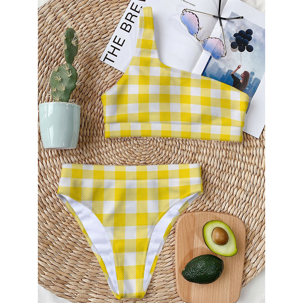 Yellow And White Buffalo Check Print One Shoulder Bikini Top