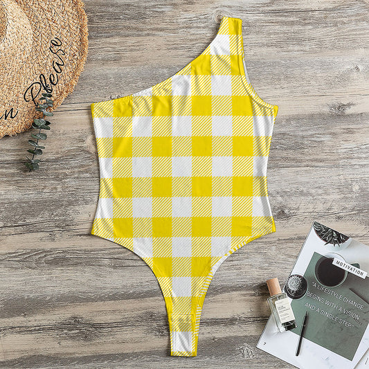 Yellow And White Buffalo Check Print One Shoulder Bodysuit