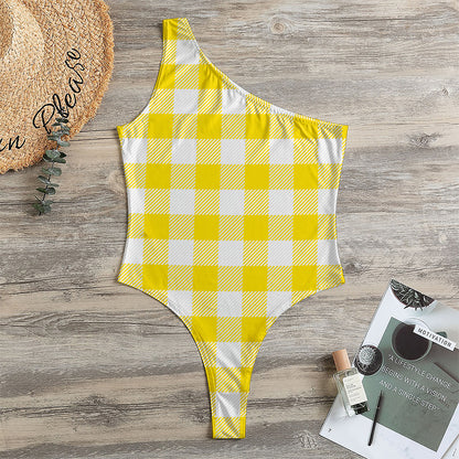 Yellow And White Buffalo Check Print One Shoulder Bodysuit