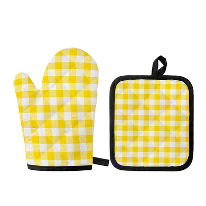 Yellow And White Buffalo Check Print Oven Mitt And Pot Holder Set
