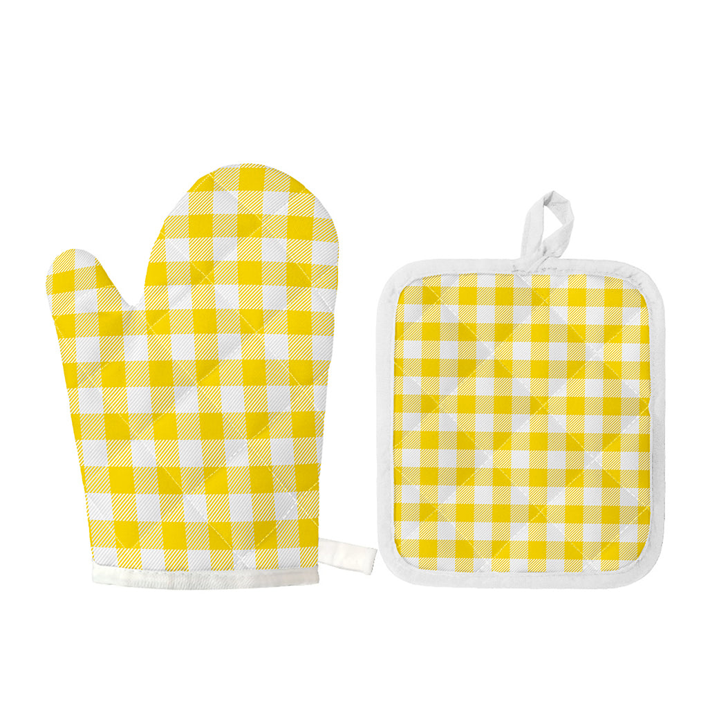 Yellow And White Buffalo Check Print Oven Mitt And Pot Holder Set