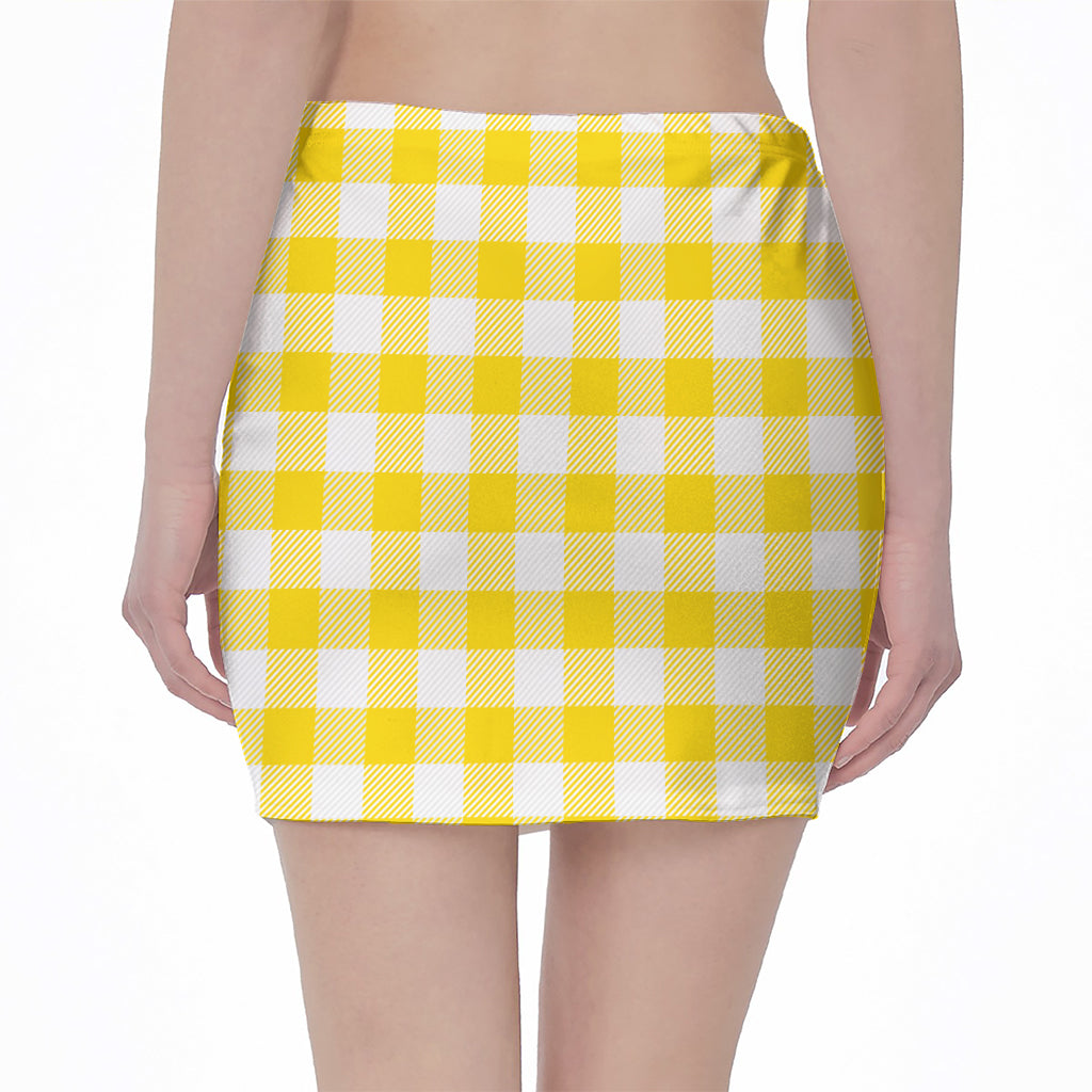 Yellow And White Buffalo Check Print Pencil Mini Skirt