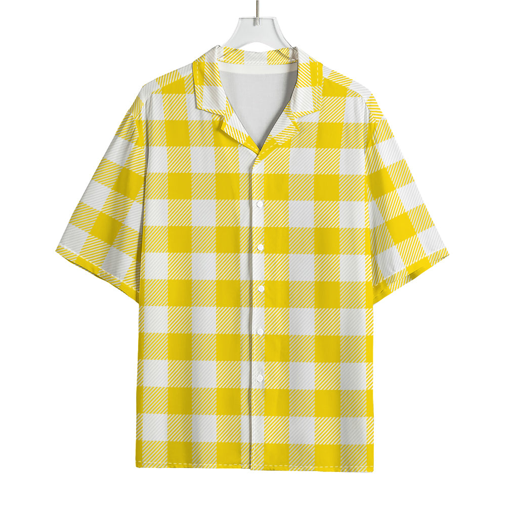Yellow And White Buffalo Check Print Rayon Hawaiian Shirt
