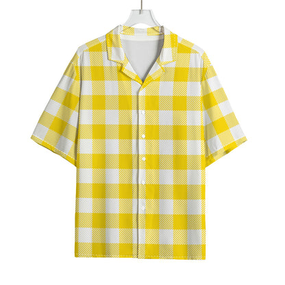 Yellow And White Buffalo Check Print Rayon Hawaiian Shirt
