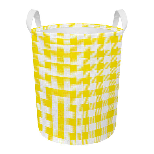 Yellow And White Buffalo Check Print Round Laundry Basket