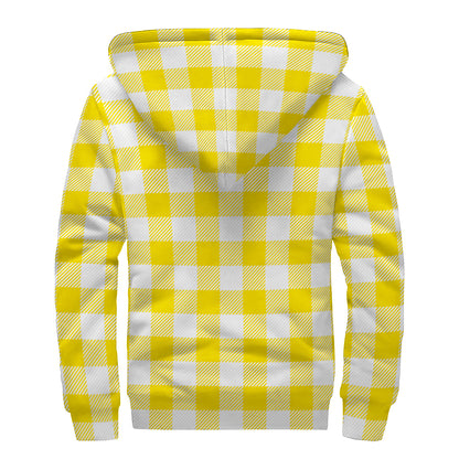 Yellow And White Buffalo Check Print Sherpa Lined Zip Up Hoodie