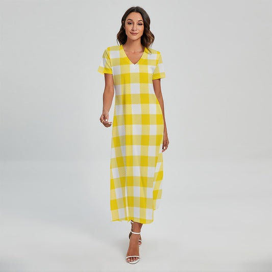 Yellow And White Buffalo Check Print Short Sleeve Maxi Dress