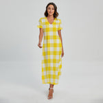 Yellow And White Buffalo Check Print Short Sleeve Maxi Dress