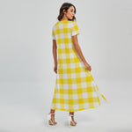 Yellow And White Buffalo Check Print Short Sleeve Maxi Dress
