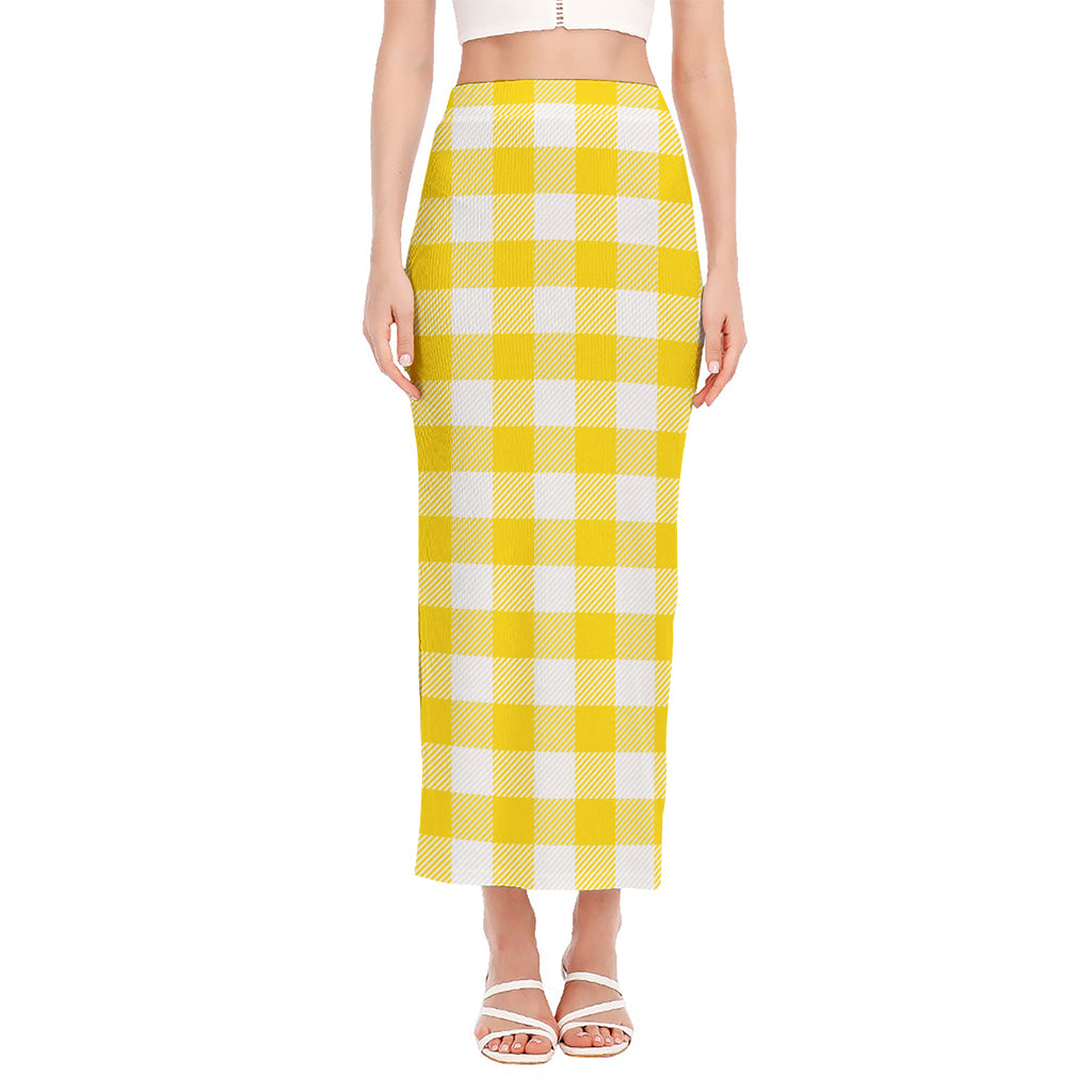 Yellow And White Buffalo Check Print Side Slit Maxi Skirt