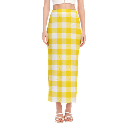 Yellow And White Buffalo Check Print Side Slit Maxi Skirt
