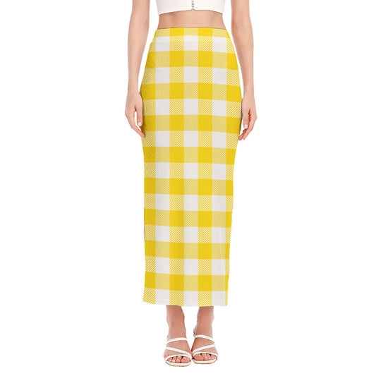Yellow And White Buffalo Check Print Side Slit Maxi Skirt
