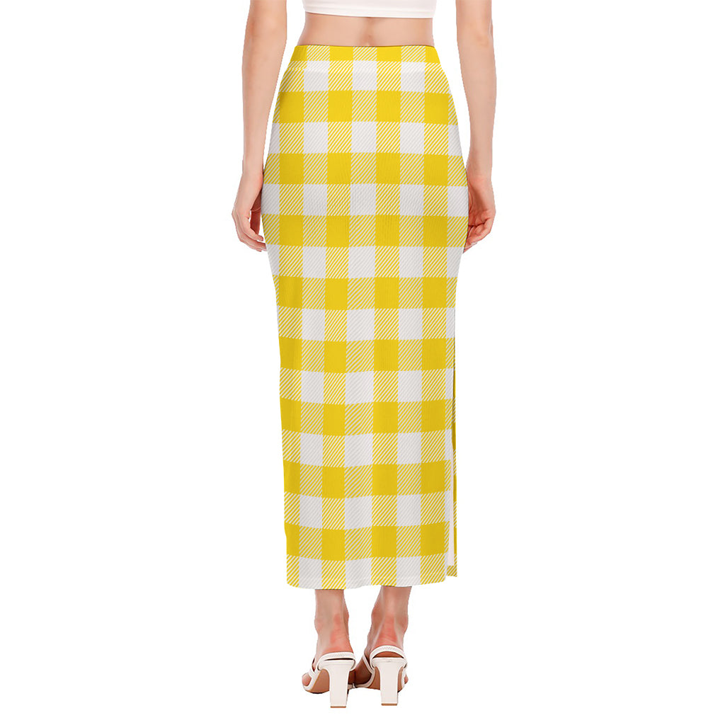 Yellow And White Buffalo Check Print Side Slit Maxi Skirt