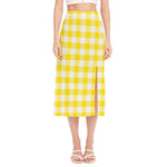Yellow And White Buffalo Check Print Side Slit Midi Skirt