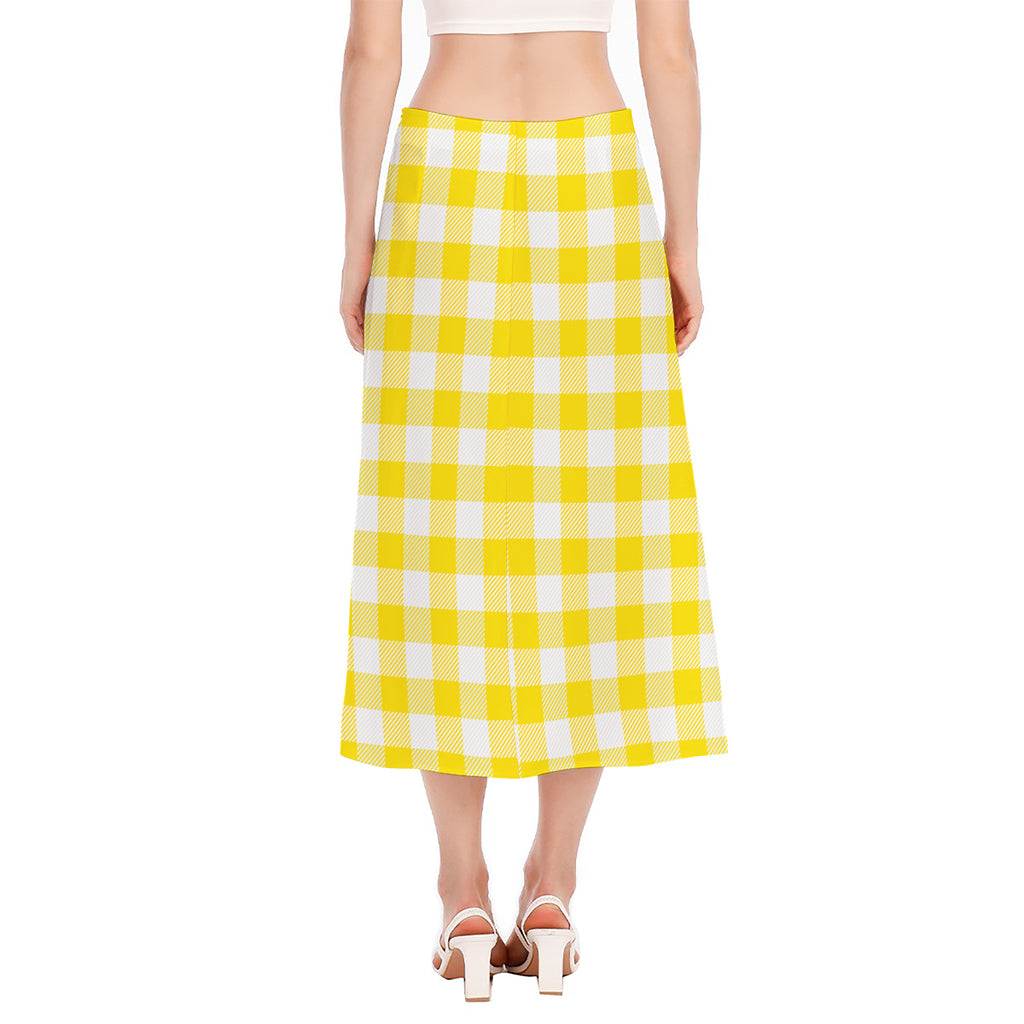 Yellow And White Buffalo Check Print Side Slit Midi Skirt