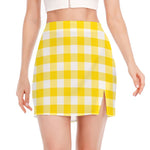 Yellow And White Buffalo Check Print Side Slit Mini Skirt