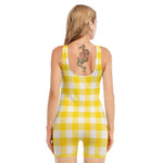 Yellow And White Buffalo Check Print Sleeveless One Piece Swimsuit