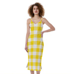 Yellow And White Buffalo Check Print Slim Fit Midi Cami Dress