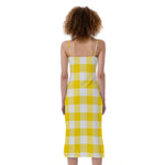 Yellow And White Buffalo Check Print Slim Fit Midi Cami Dress