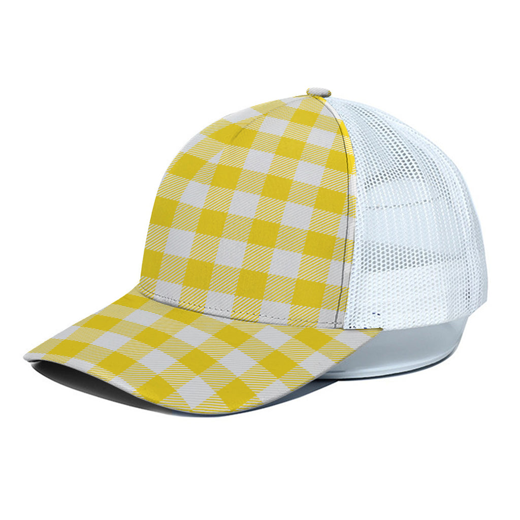 Yellow And White Buffalo Check Print White Mesh Trucker Cap