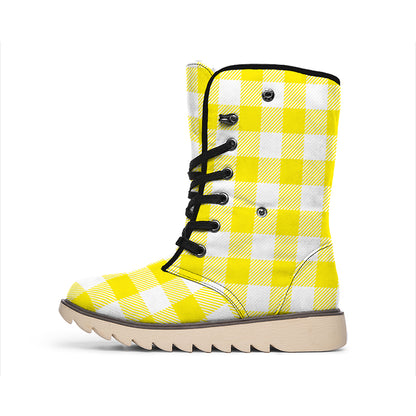 Yellow And White Buffalo Check Print Winter Boots