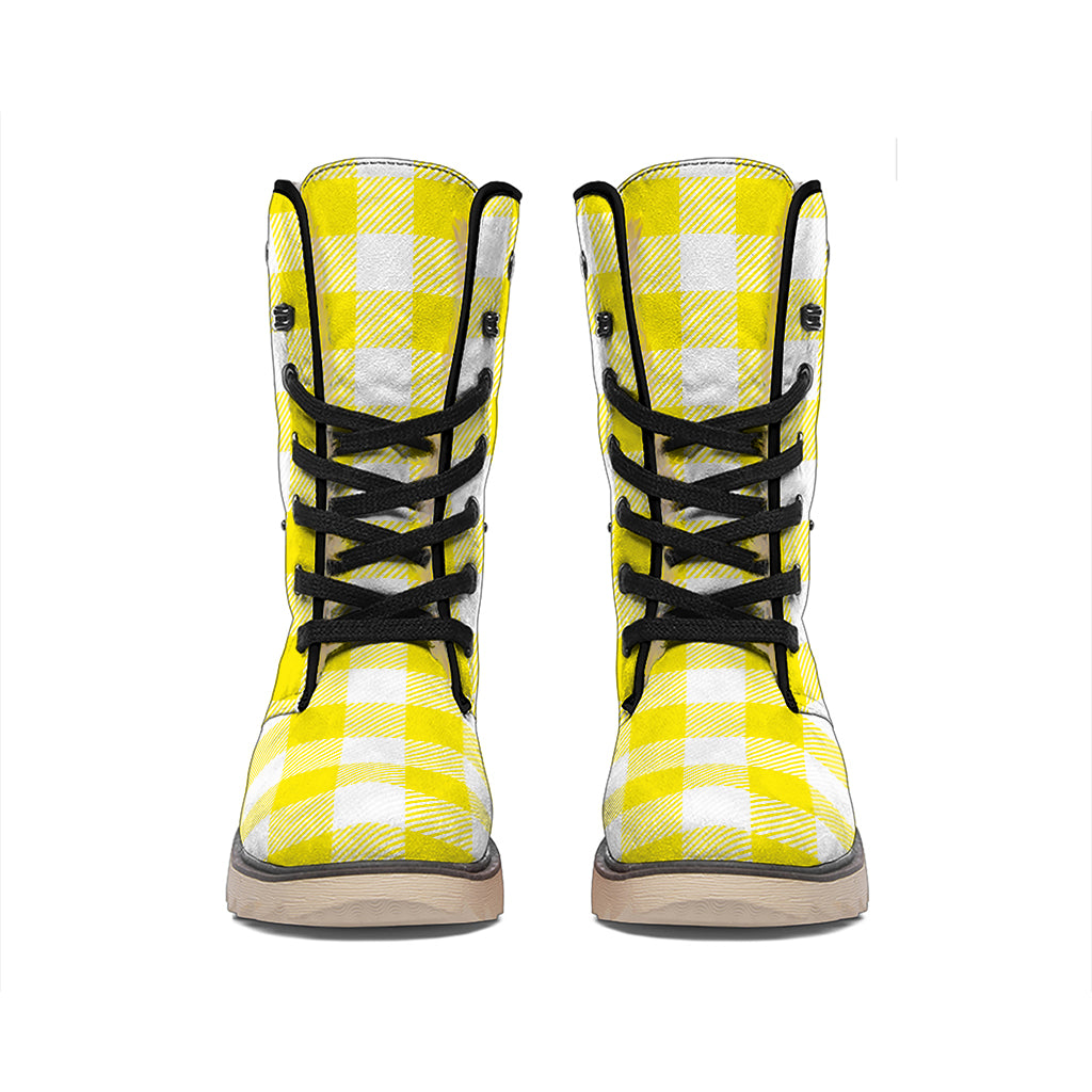 Yellow And White Buffalo Check Print Winter Boots