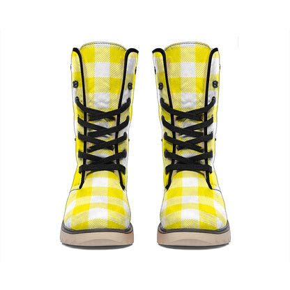 Yellow And White Buffalo Check Print Winter Boots