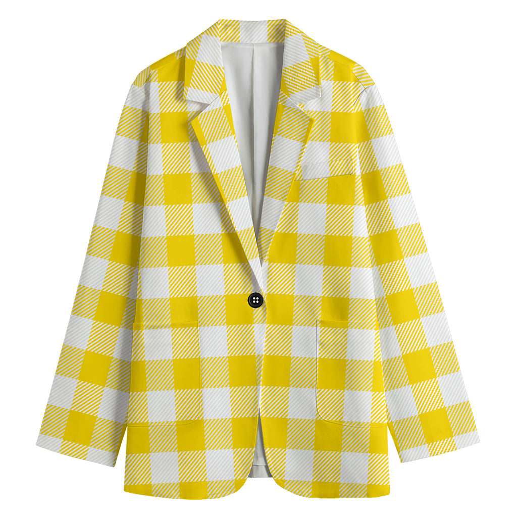 Yellow And White Buffalo Check Print Women's Blazer