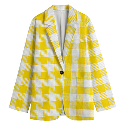 Yellow And White Buffalo Check Print Women's Blazer