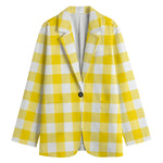 Yellow And White Buffalo Check Print Women's Cotton Blazer
