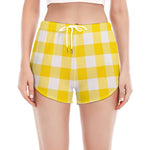 Yellow And White Buffalo Check Print Women's Split Running Shorts