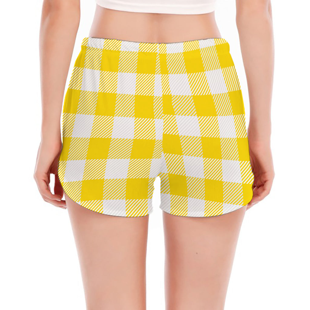 Yellow And White Buffalo Check Print Women's Split Running Shorts