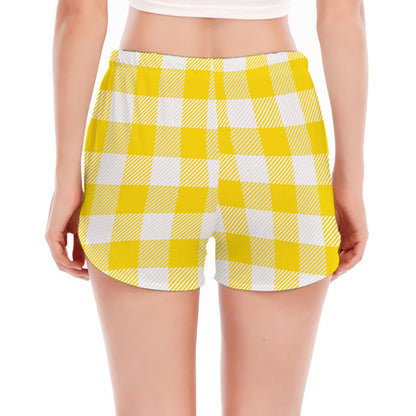 Yellow And White Buffalo Check Print Women's Split Running Shorts