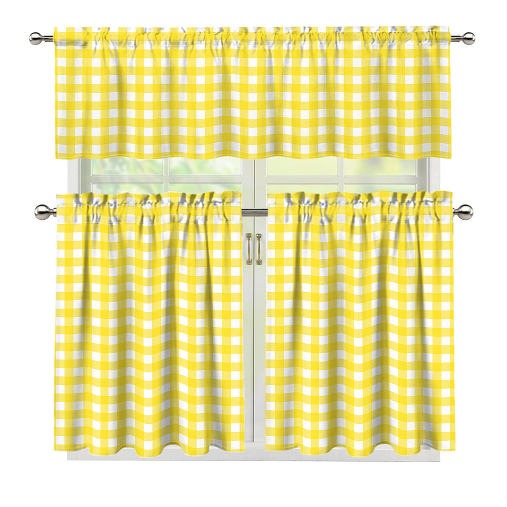 Yellow And White Check Pattern Print 3 Piece Kitchen Curtains