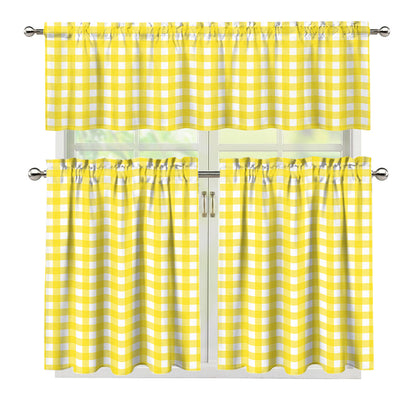 Yellow And White Check Pattern Print 3 Piece Kitchen Curtains