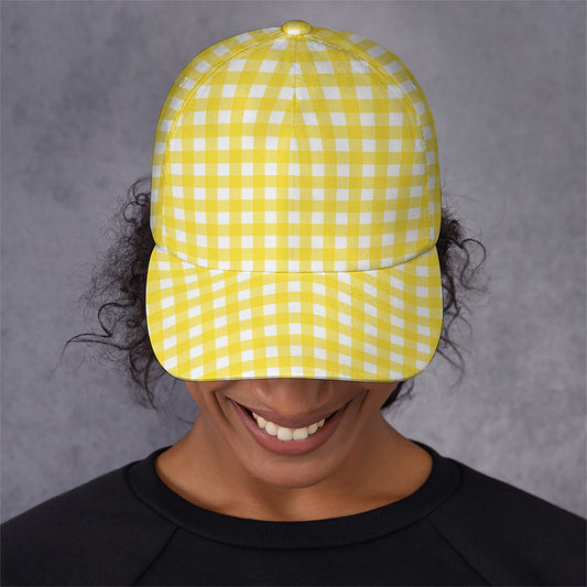 Yellow And White Check Pattern Print Baseball Cap