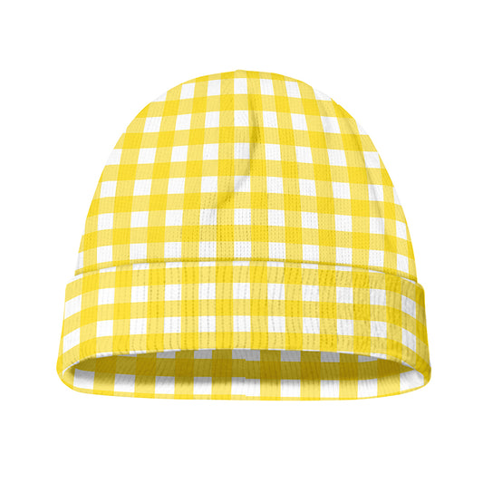 Yellow And White Check Pattern Print Beanie