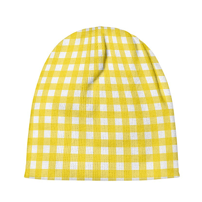 Yellow And White Check Pattern Print Beanie
