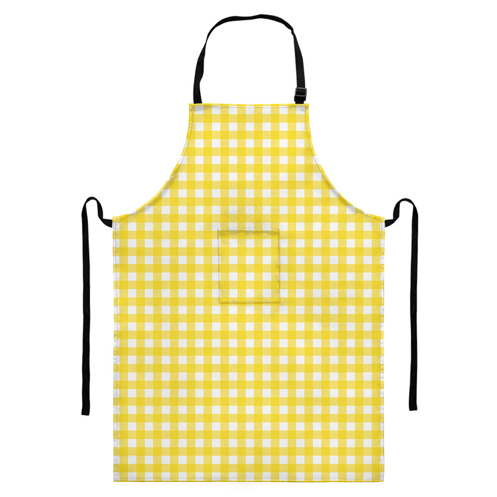 Yellow And White Check Pattern Print Bib Apron With Pocket