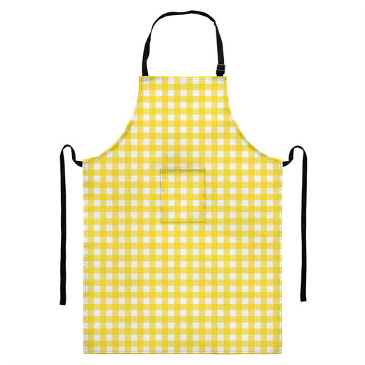 Yellow And White Check Pattern Print Bib Apron With Pocket