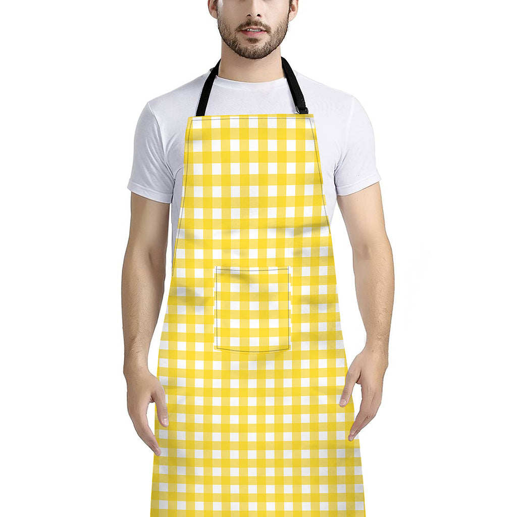Yellow And White Check Pattern Print Bib Apron With Pocket