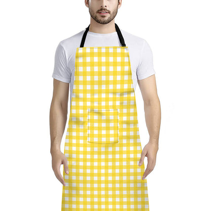 Yellow And White Check Pattern Print Bib Apron With Pocket